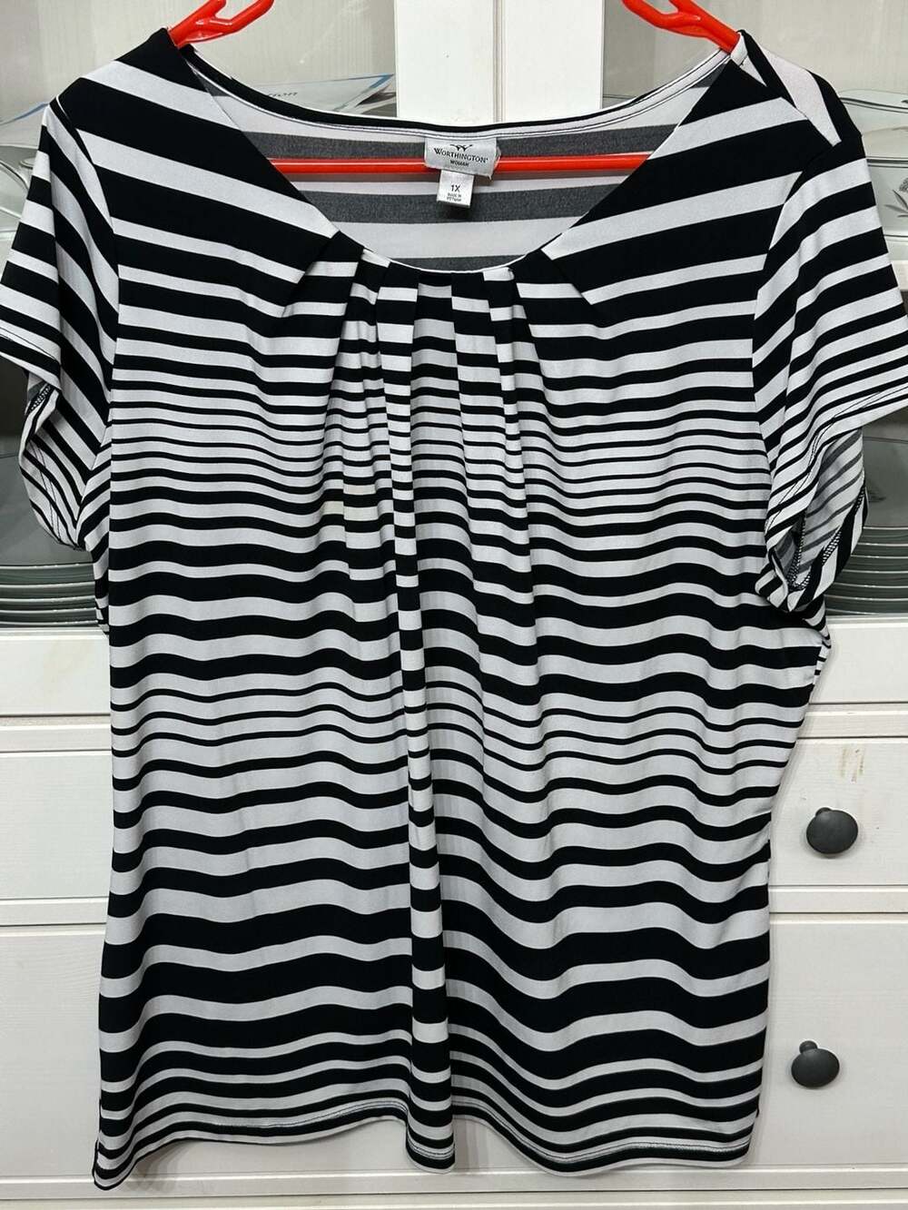 Worthington Woman Black and White Striped Short Sleeve Pleated Neckline Blouse 1